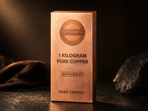 Copper packaging box labeled '1 Kilogram Pure Copper' with 'purecopper.eu' branding on a dark background.
