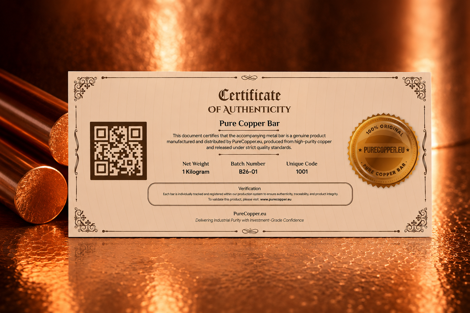 Pure Copper Bar 1 KG with certificate